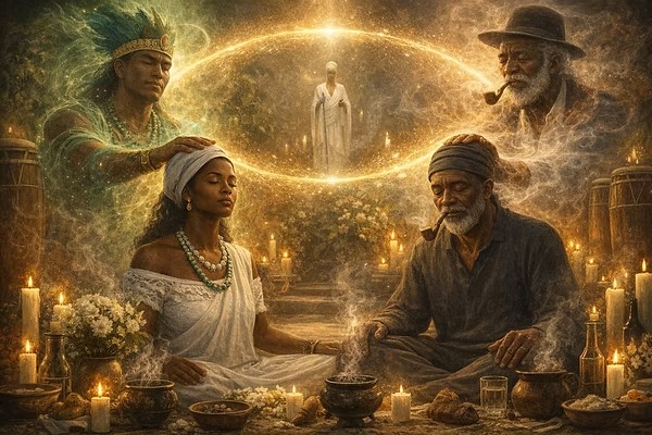 Gira espiritual na Tu Casa 7 — médiuns em transe recebendo entidades de luz