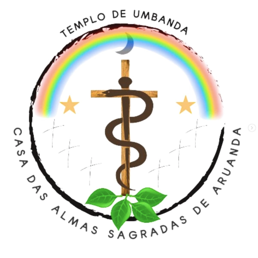 Logo do Templo de Umbanda Casa das Almas Sagradas de Aruanda — caduceu sob arco-íris, folhas verdes, duas estrelas douradas